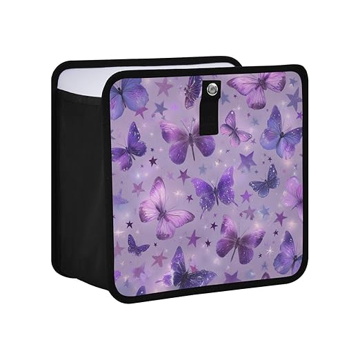 Car Trash Can Organizer Bin with Adjustable Strap for Back Front Seat Console Waterproof Leakproof Collapsible Portable 8.66 Inch Purple Dreamy Butterflies and Stars
