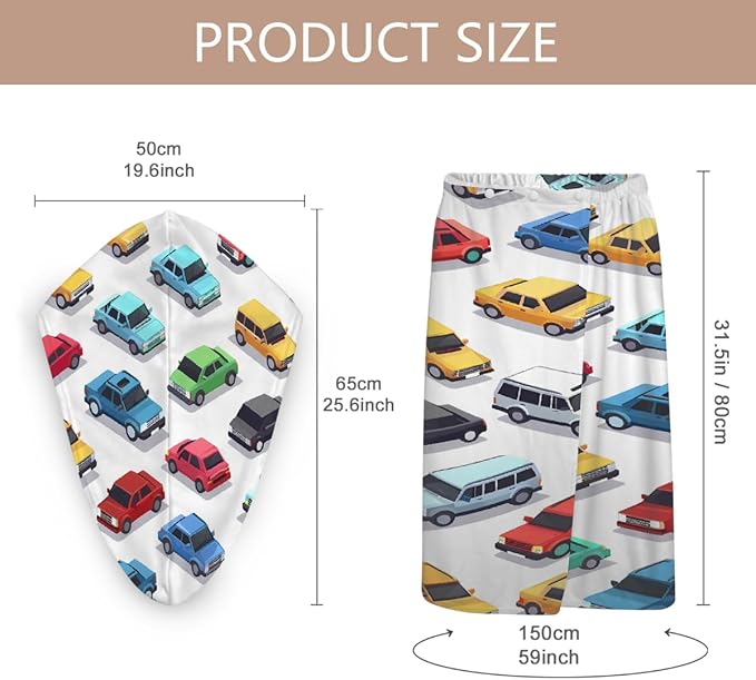 Women Bath Wrap Hair Towel Drying Cap Set Colorful Cars Pattern Soft Absorbent Bathrobe Shower Wraps with Adjustable Closure Spa Bath Robe