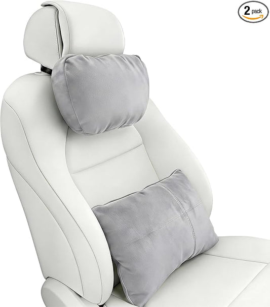 2PCS Car Pillow for Car Neck Pillow for Driving Seat Neck Support Soft Cushion Back Support Head-Rests for Vehicle Sleeping with Elastic Adjustment Strap (Grey, Head and Lumbar)