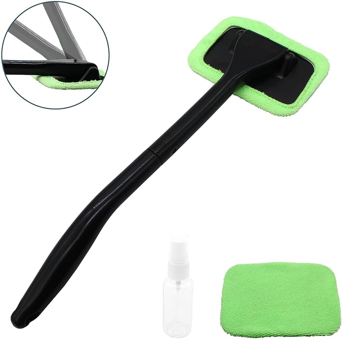 Car Window Cleaner Kit Windshield Cleaning Tool with Extendable Long Handle and 2 Washable Reusable Microfiber Pads, Green