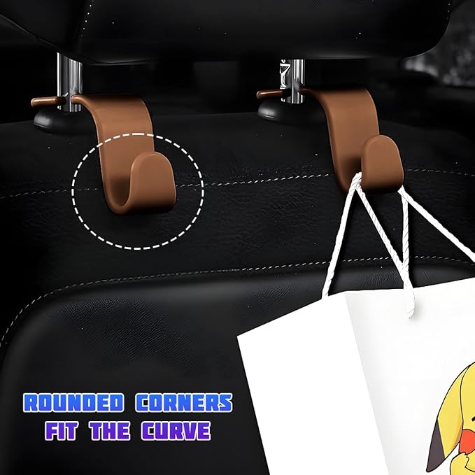 Car Seat Headrest Hooks, Multifunctional 4PCS Vehicle Back Seat Storage Hanger Holder for Hangbag Coat Grocery, Auto Interior Headrest Hook Organizer, Universal for Vehicles (Brown)