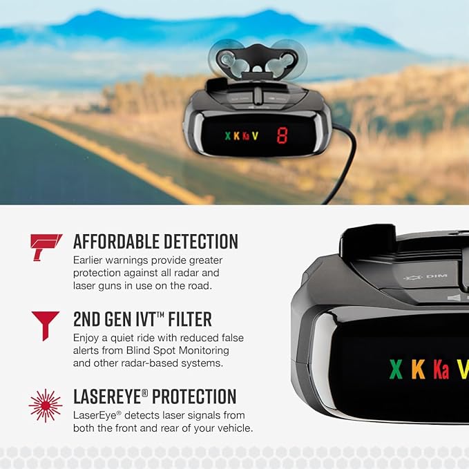 Cobra RAD 380 Laser Radar Detector – Long Range Detection, LaserEye Front and Rear Detection, IVT Filtering, Adjustable Sensitivity, Digital Signal Processing, Black