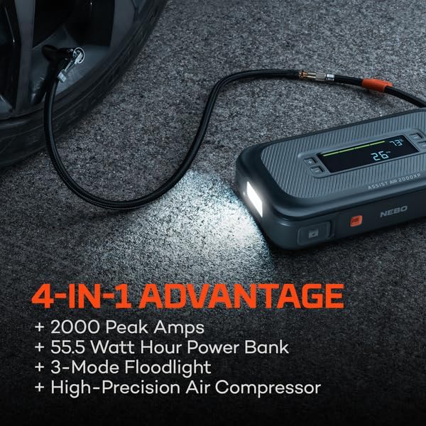 NEBO Assist Air 2000XP Jump Starter and Air Compressor | 55.5Wh Power Supply Box Restarts 12V Battery Vehicles, 150 PSI Air Compressor Inflates Tires, Integrated Floodlight, USB Ports, TSA Approved
