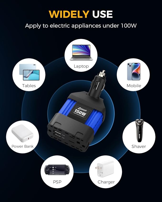 Ampeak 150W Car Power Inverter 4.8A Dual USB Ports AC Outlet Car Adapter Cordless Car Inverter 12V DC to 110V AC Car Adapter for Plug Outlet