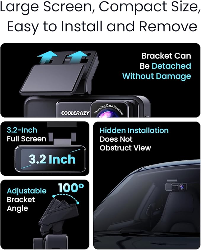 COOLCRAZY 4K Dash Cam Front, Built-in WiFi GPS, Dash Camera for Cars, 3.2" IPS Screen Dashcam with App Control, Free 32G Card, 170°Wide Angle, 24H Parking Mode, WDR, Night Vision, G-Sensor
