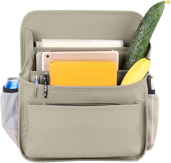 Front Seat Organizer Car Upholstery Leather Passenger Seat Storage Bag Large Durable Car Organizer with Adjustable Strap Multiple Compartments Mesh Bags Cup Holders (beige)