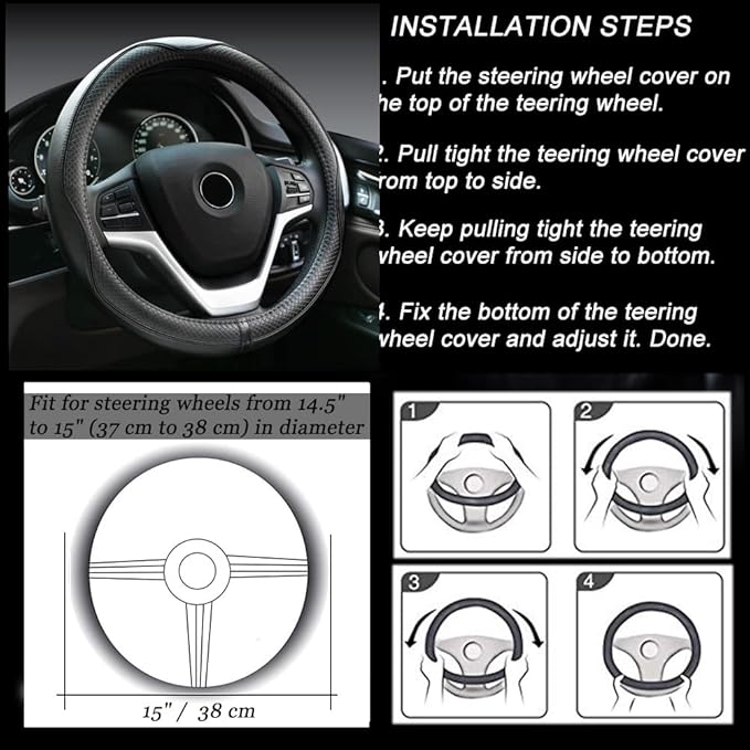 Rueesh Microfiber Leather Steering Wheel Cover Anti-Slip Matte Finish Auto Car Wheel Cover Universal 15 Inch Wheel Cover for Car Embossing Pattern Black Line