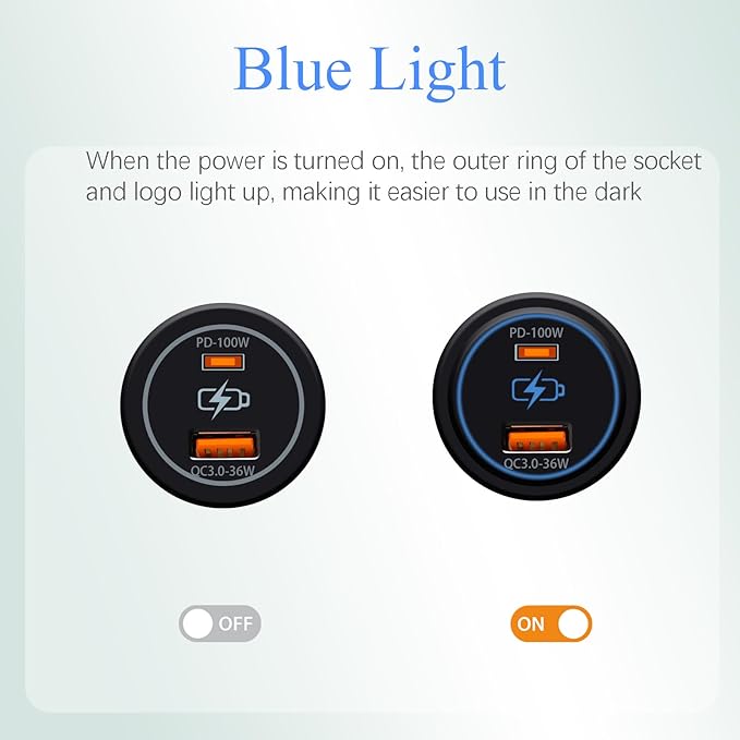 100W Dual USB Car Charger Socket PD100W QC3.0 Fast Charging Type C & Type A Ports 12V/24V Compatible for Cars Trucks RVs Boats Marine (PD100W QC3.0)