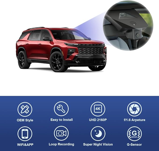 Fitcamx 4K Dash Cam Suitable for Chevy Traverse 2024-2026 LT LS RS Z71 High Country (HD2-D5300), OEM Look, UHD 2160P Video, Built-in WiFi & APP, Loop Recording, Gravity Sensor, Plug & Play, 64GB Card