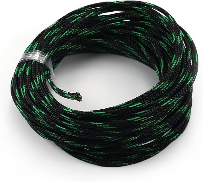 Aicosineg Black and Fluorescent Green PET Braided Sleeving 32.81 Ft Length 0.16 Inch Flat Width Cable Sleeve for Protect Cable 1Pcs