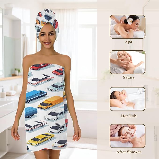 Women Bath Wrap Hair Towel Drying Cap Set Colorful Cars Trucks Pattern Soft Absorbent Bathrobe Shower Wraps with Adjustable Closure Spa Bath Robe