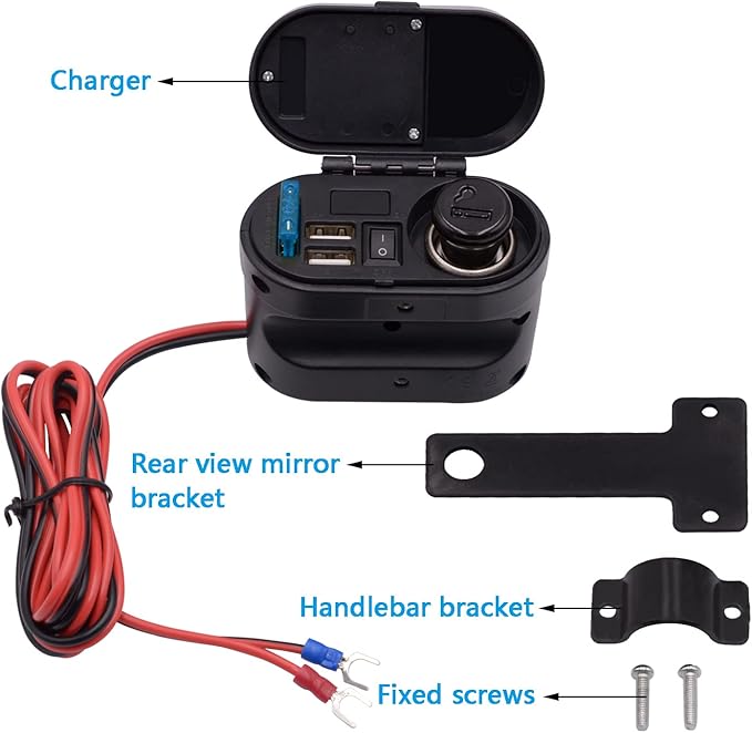 BlueFire 5V/3A Dual USB Charger Socket Waterproof Motorcycle Handlebar & Rear View Mirror Clamp Power Adapter Charger with Cigarette Lighter Socket, Voltmeter for Phones/Tablets/GPS (Black 1)
