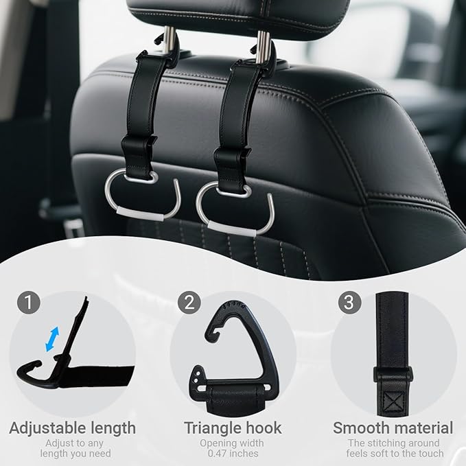 6Pcs Car Purse Hooks, Adjustable Leather Headrest Hooks for Car, Seat Back Organizer for Bags Purses (Black)