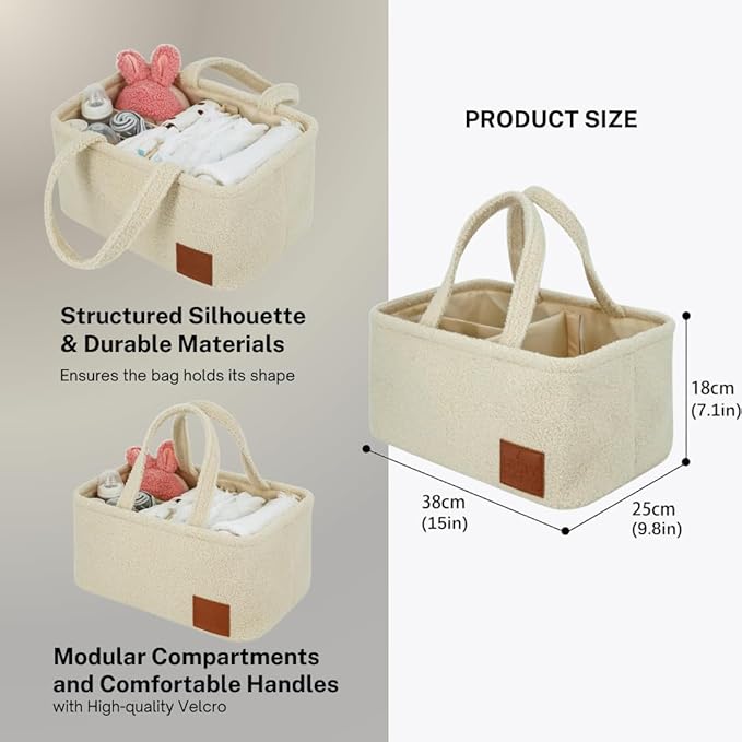 Baby Diaper Caddy Organizer: Soft Beige Teddy Wool - Portable Diaper Caddy, Car Organizer - Newborn Essentials Must Have - Nursery Storage Basket for Baby Essentials. Baby shower & Newborn Gift Idea