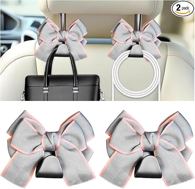 Cute Bow Car Seat Headrest Hooks, 2PCS Multifunctional Vehicle Rear Seat Hanging Hooks, Automotive Interior Seatback Storage Organizer for Purses Bag, Universal for SUV Sedan Truck (Gray Line)