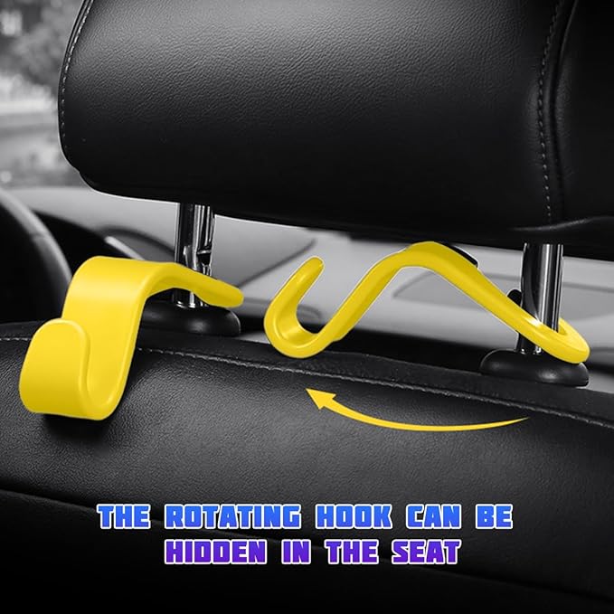 Car Seat Headrest Hooks, 4PCS Multifunctional Vehicle Back Seat Storage Hanger Holder for Hangbag Coat Grocery, Auto Interior Headrest Hook Organizer, Universal for Vehicles (Yellow)