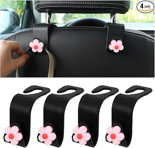 4 PCS Car Headrest Hook, Multifunctional Flower Vehicle Seat Back Storage Hook, Cute Automotive Seatback Organizer Hanger for Purse Grocery Bag Handbag, Universal Fit (Black/Pink)