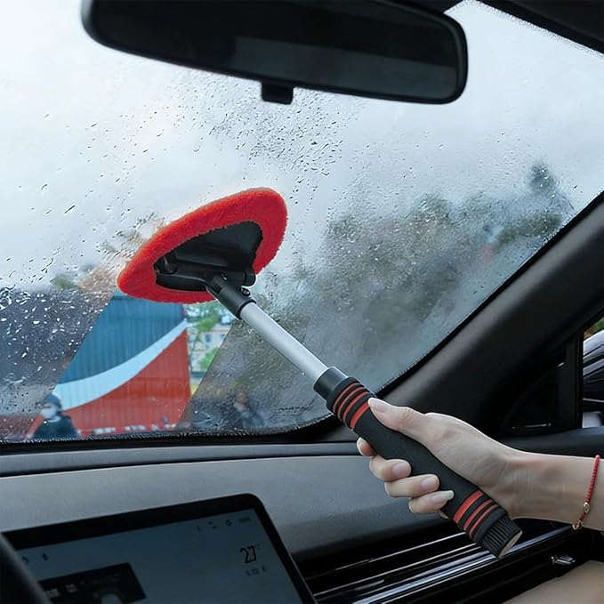 HZEL Car Windshield Cleaner Tool with Extendable Handle, Vehicle Glass Wiper Window Cleaning Tool with 2 Reusable Microfiber Pad, Auto Windscreen Detailing Cleaner Kit, Universal Fit (Triangle Red)