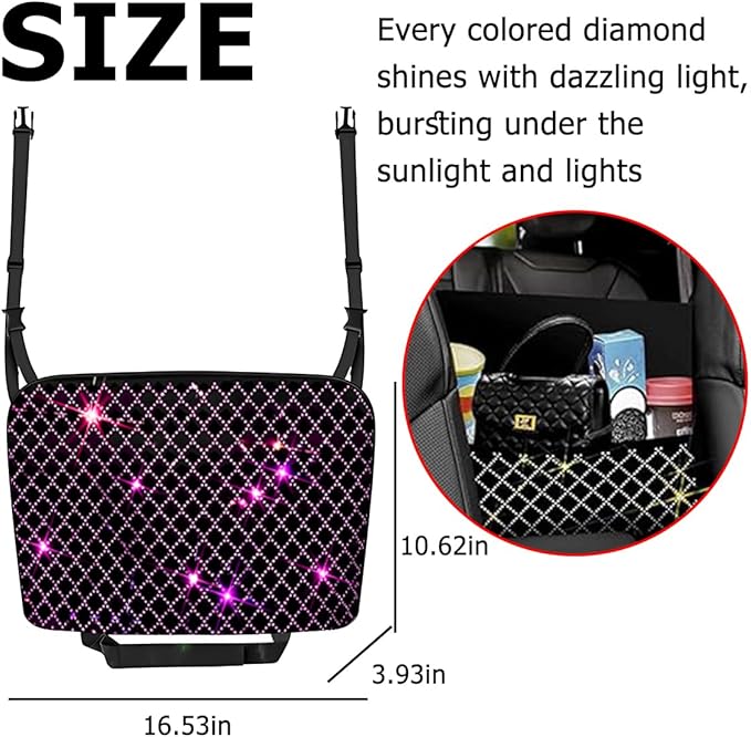 zipelo Bling Car Net Pocket Handbag Holder, Rhinestone Vehicle Backseat Purse Organizer Between Seats, Diamond Hanging Storage Bag Barrier of Pet Kids, Universal Automotive Accessories (Pink)