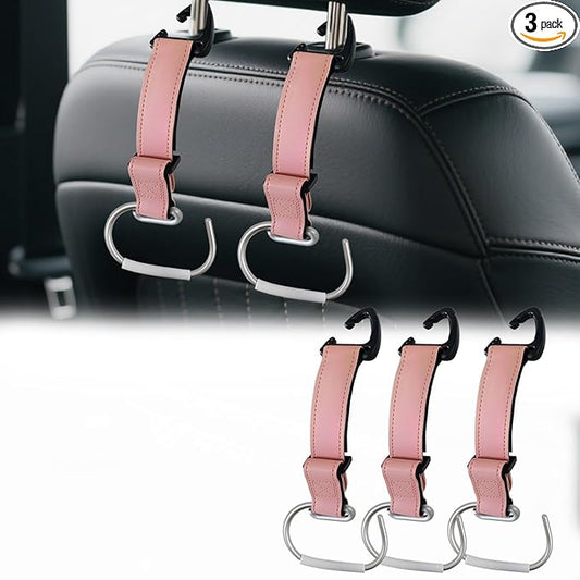 3Pcs Car Purse Hooks, Adjustable Leather Headrest Hooks for Car, Seat Back Organizer for Bags Purses (Pink)
