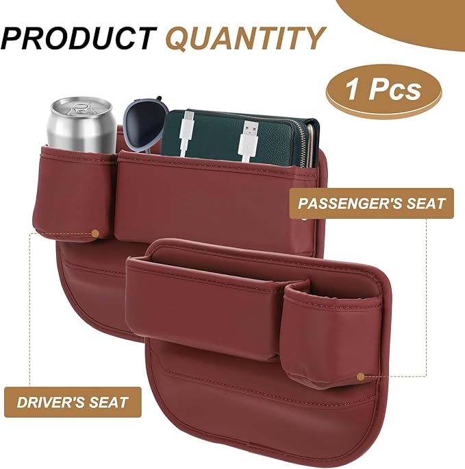 HARFINGTON Car Seat Gap Filler Organizer 11.8 x 8.3 x 2.2 Inch PU Universal Car Organizer Storage Box Between Seat and Console (Right) with Cup Holders for Phone Sunglasses Keys, Red