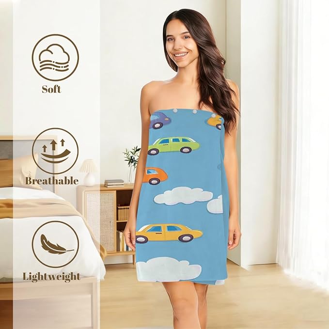 Women's Bath Wrap Cute Adorable Cars Absorbent Shower Spa Body Bath Robe Wraps Bathrobe Towel with Adjustable Closure