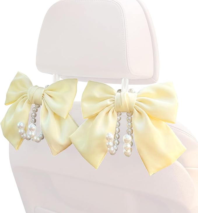 2PCS Satin Bow Pearl Car Seat Headrest Hooks – Car Bag Holder & Vehicle Hanger for Purses – Cute Coquette Aesthetic Interior Decoration – Cute Auto Organizer Accessories Universal (Pearl White)