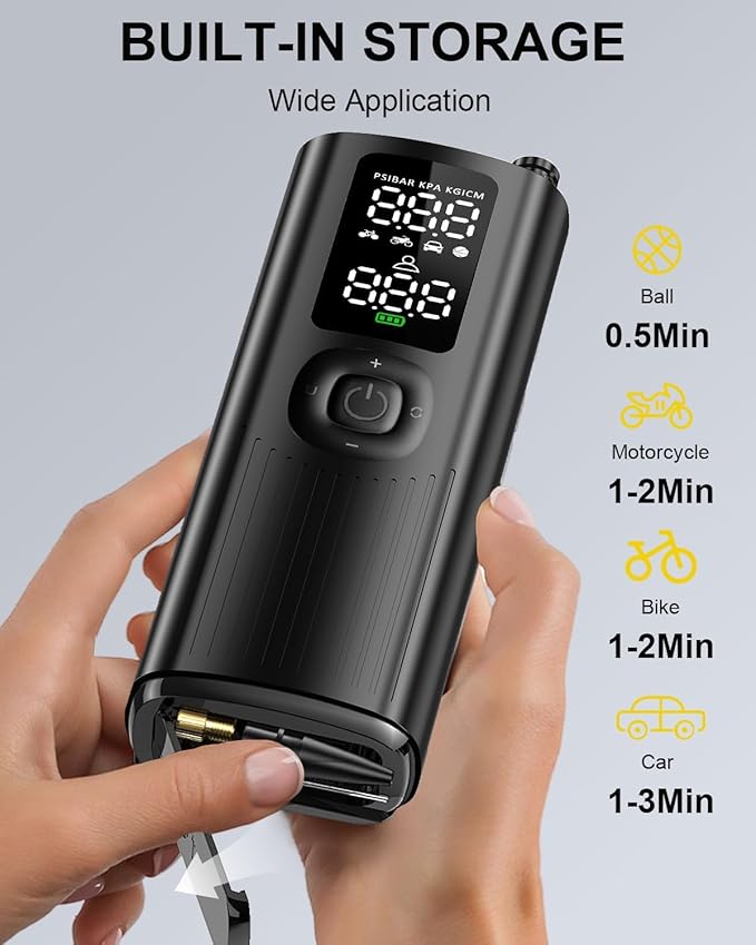 Portable Tire Inflator for Car Tires, 150 PSI Cordless Air Compressor with Digital Pressure Gauge, Auto Shut Off & LED Light, Fast Inflation Electric Air Pump for Car, Bike, Motorcycle, Ball (Black-C)