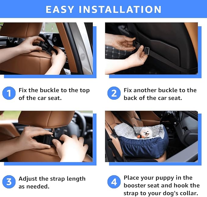 Oiilores Dog Car Seat for Small Dogs, Washable Pet Booster Seats for Car with Clip-On Safety Leash, Reversible Puppy Carseat with Storage Pockets, Travel Carrier Bed for Dogs Under 25 lbs, Blue