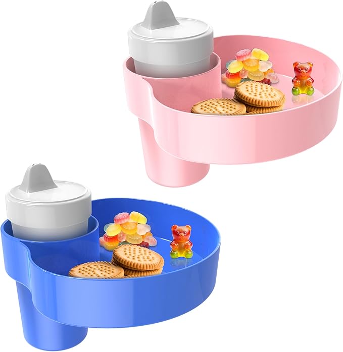 [2 PACK] Kids Car Seat Cup Holder Snack Tray - Toddler Travel Essentials for Mess-Free Snacking on Road Trips, Travel Accessory Compatible with Safety Seats & Strollers Console, (Blue+Pink)