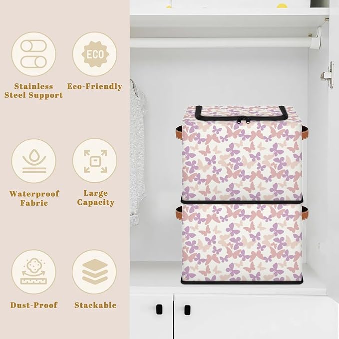 Large Toy Box Collapsible Storage Bins with Lids Closet Storage Baskets for Organizing Shelves Nursery Toy Storage Organizer Boxes for Kids, Boys, Girls (Pink Purple Floral Butterfly)