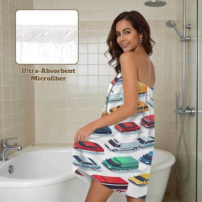 Women's Bath Wrap Colorful Cars Trucks Pattern Absorbent Shower Spa Body Bath Robe Wraps Bathrobe Towel with Adjustable Closure