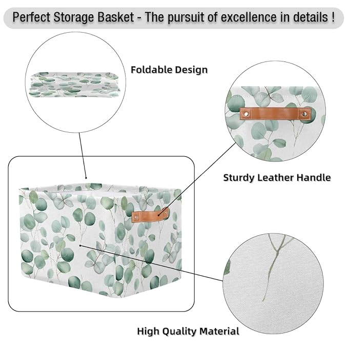 Eucalyptus Leaves Storage Baskets for Organizing, Fabric Collapsible Storage Bins Box Sage Green Decorative Toy Organizer Baskets for Closet Shelves Gift Basket 2Pcs