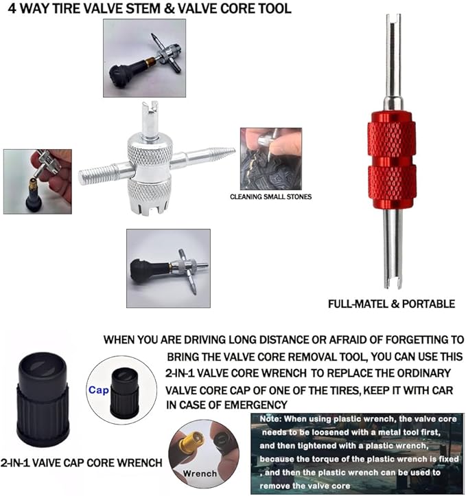 Valve Stem Removal Tool with Heavy Duty Hook & Longer Puller,Tire Valve Stem & Core Replacement Installation Tool Kit,without Tire Removal,Tire Pressure Checking, for Cars Motorcycles Lawn Mowers ATVs