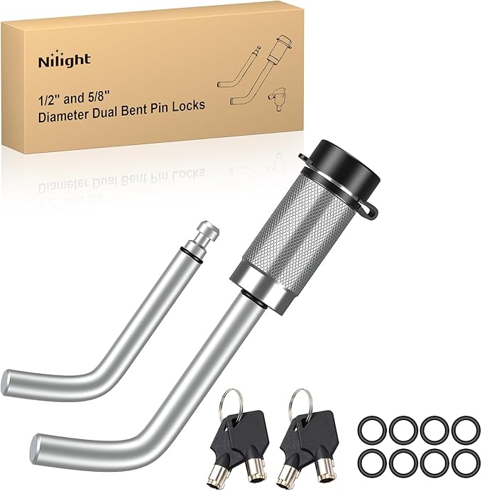 Nilight Trailer Hitch Lock Pin 1/2" & 5/8" Locking Receiver Hitch Pin Keyed Unique Weatherproof Anti-Theft Lockable Fits 2" 2-1/2" & 1-1/4"Receiver Tow Truck Boat Bike Truck Silver