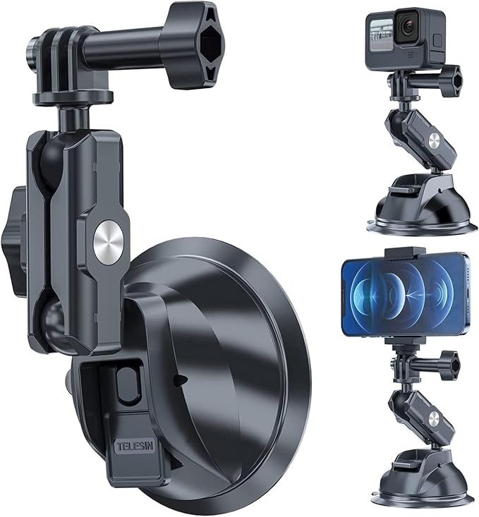 TELESIN Suction Cup Car Mount with Phone Holder, Windshield Window Dashboard Boats Vehicle Attach for DJI Osmo Pocket 4,Pocket 3,Action 6 5 Pro 4 GoPro Hero 13 12 11 10 9 Insta360 X5 Xtra Camera Mount