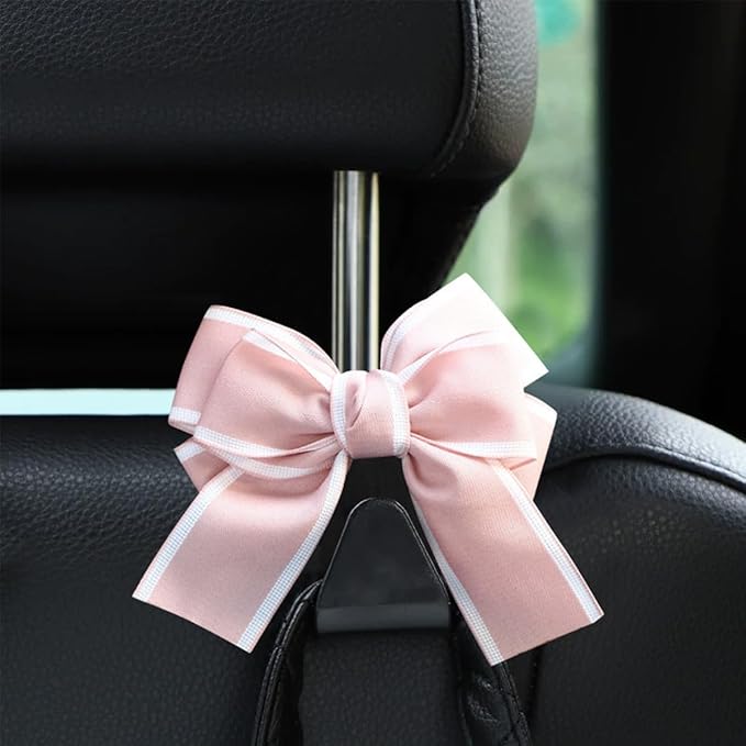 Car Seat Headrest Hook, 2PCS Cute Bow Knot Vehicle Seatback Hanging Storage Organizer, Seat Back Hanger for Purse Coat Umbrella, Universal Automotive Interior Decor Accessories (Pink)
