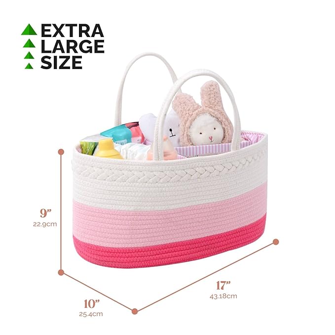 luxury little Diaper Caddy Organizer, Large Cotton Rope Nursery Baby Basket, Changing Table Organizer for Baby Diaper Storage, Portable Car Organizer Removable Divider (Pink, Extra Large)