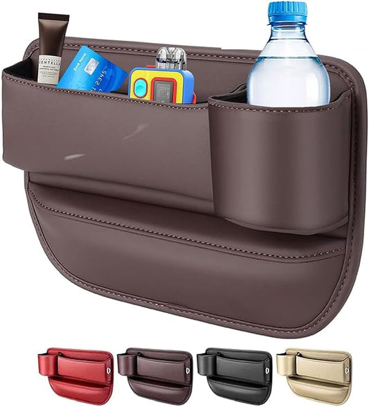 Car Seat Gap Filler Organizer for Toyota RAV4 2019-2025, Leather Seat Gap Storage Box with Cup Holder Phone Keys Glasses Cards Drinks Small Items Interior Accessories, Brown