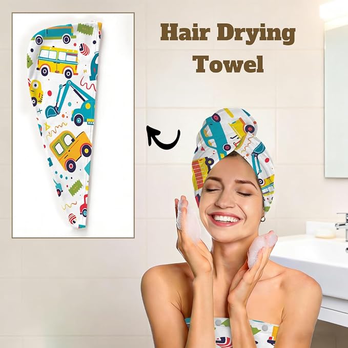 Women Bath Wrap Hair Towel Drying Cap Set Cartoon Colored Truck Cars Soft Absorbent Bathrobe Shower Wraps with Adjustable Closure Spa Bath Robe
