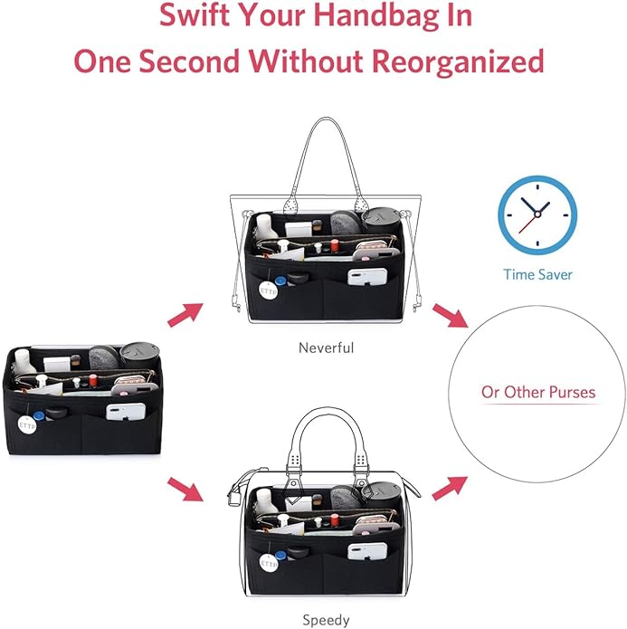 Purse Organizer Insert, Felt Tote Organizer Insert With Metal Zipper, Handbag Organizer For Speedy, Neverfull, Tote, Handbag, 7 Colors 5 Sizes