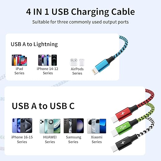 Travel Essentials, Dual Type-C 4 in 1 Multi Charging Cable 2 Pack 5FT Multi Charging Cables for All Devices,Charger Cord Adapter 2USB-C/IP Port for Cell Phones ( Blue&Black,USB A to 3 Type C+1IP )