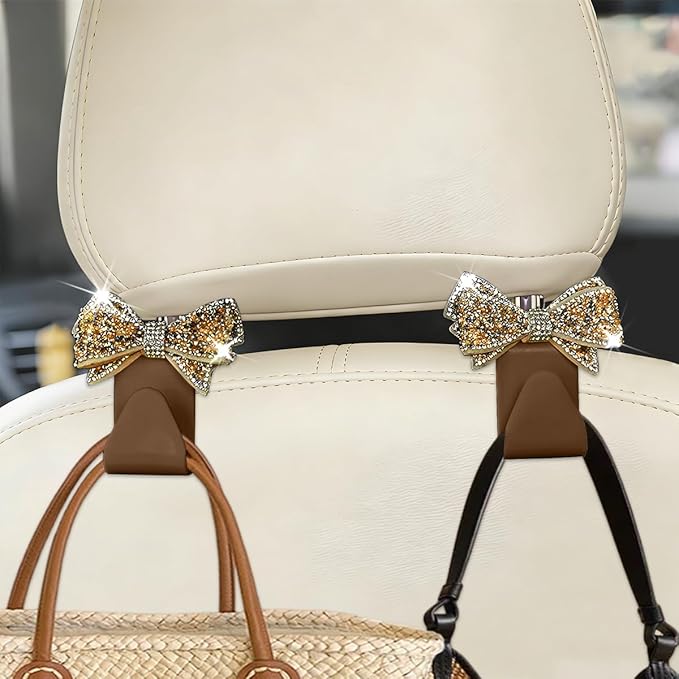 Zpana Bling Car Headreat Hook, 2PCS Crystal Rhinestone Cute Bow Vehicle Seat Back Hanger Storage for Purses Bags Grocery, Diamond Auto Rear Seat Organizer, Universal for SUV Truck Sedan (Gold)