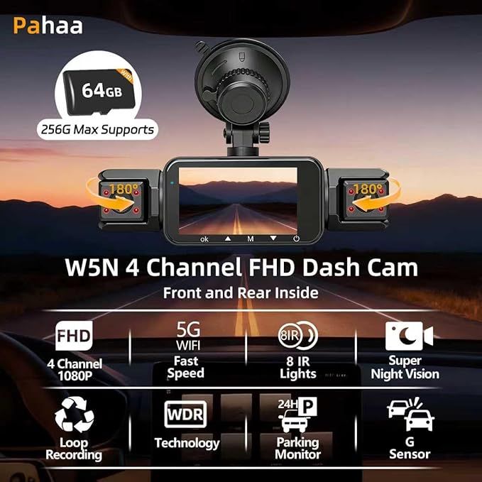 4 Channel Dash Cam Front and Rear Cabin, 360° Dash Camera ，Night Vision 8 IR Lamps Dash Camera for Cars, 5G WiFi for Download, G-Sensor, 24H/7 Parking Mode with 64GB Card,Support 256 GB Max