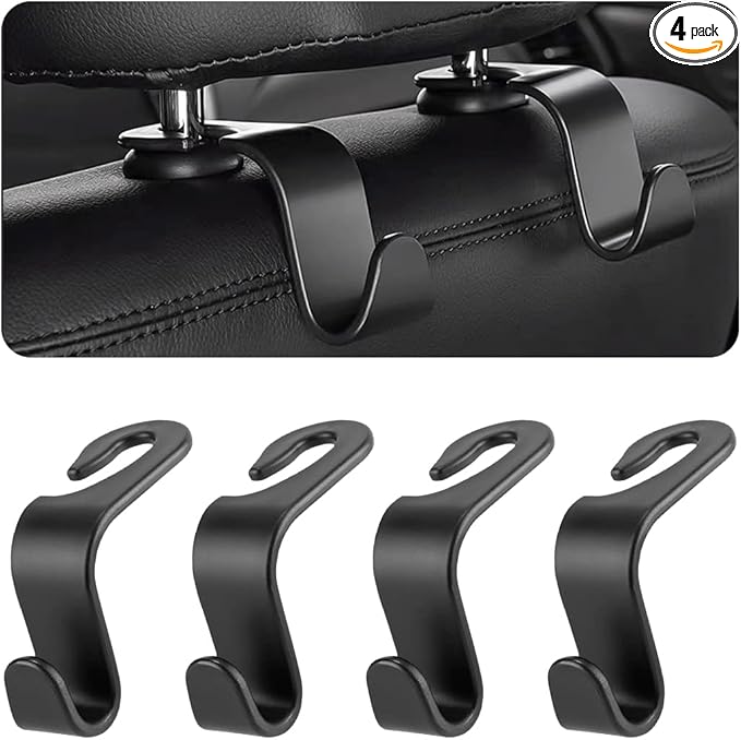 8sanlione Car Back Seat Headrest Hooks, 4PCS Vehicle Backseat Storage Organizer Hanger, Multifunctional Auto Headrest Hidden Hook Universal for Handbag Purse Backpacks Bags and Groceries (Black)