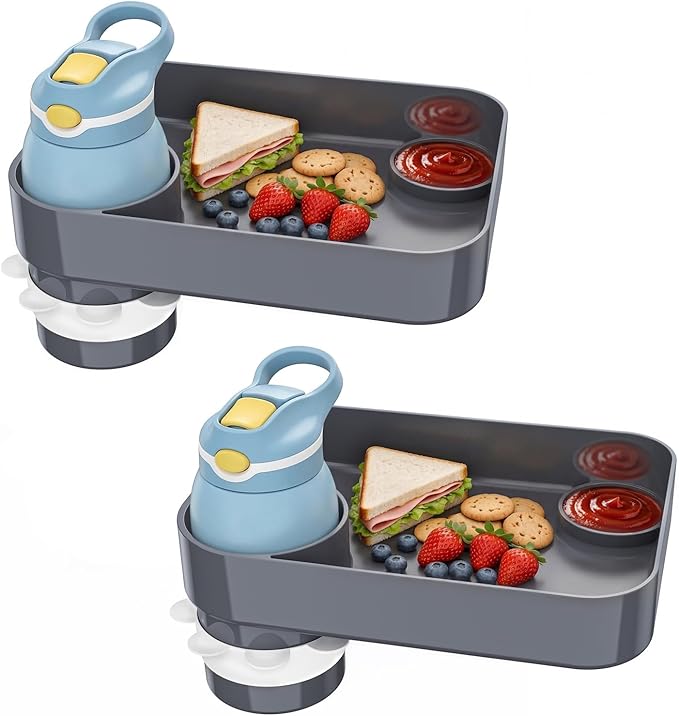 Kids Car Seat Tray, Travel Tray with Cup Holder for Toddler Baby, Kids Car Seat Food Snack Organizer for Road Trip, Stroller Snack Organizer Travel Must Haves Toddler Must Haves (Dark Gray, 2 Packs)