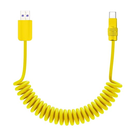 chubbycable Curly Chubby 120W Coiled USB C Fast Charging Cable Durable Braided Charger Cord for Car Compatible with iPhone 17-15 Series iPad, Yellow+Yellow, USB-A to Type-C, 2.13FT-6.56FT