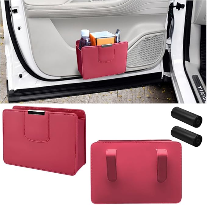 Car Trash Can, Leather Auto Garbage Bin, Magnetic Litter Storage Container, Mini Portable Foldable Vehicle Interior Hanging Dustbin Accessories, Universal for SUV, Truck, RV（Wine Red）