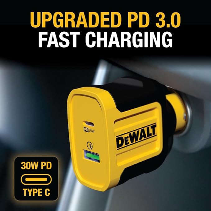 DEWALT Heavy Duty USB + USB C Car Charger Adapter, 49.5W Cigarette Lighter USBA Charger, PD Car Charging Adapter PPS 30W Quick Charge 3.0 Fast Charging for iPhone 17/16/15 Pro Max Samsung Galaxy Pixel