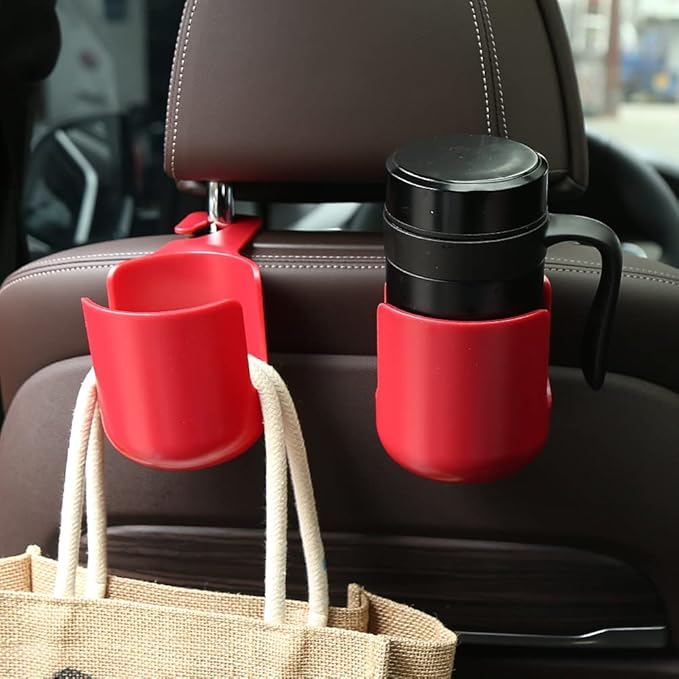Car Seat Headrest Hook Organizer with Cup Holder - Universal Vehicle Storage Hanger for Handbags, Groceries, Backseat Organizer, Car Accessories Fit All Cars (Red)